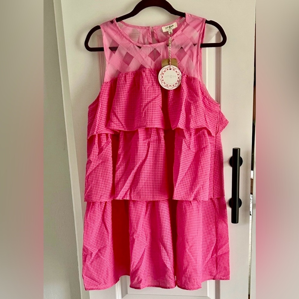 Umgee Pink Tiered Ruffle Sleeveless Dress with Mesh Yoke small